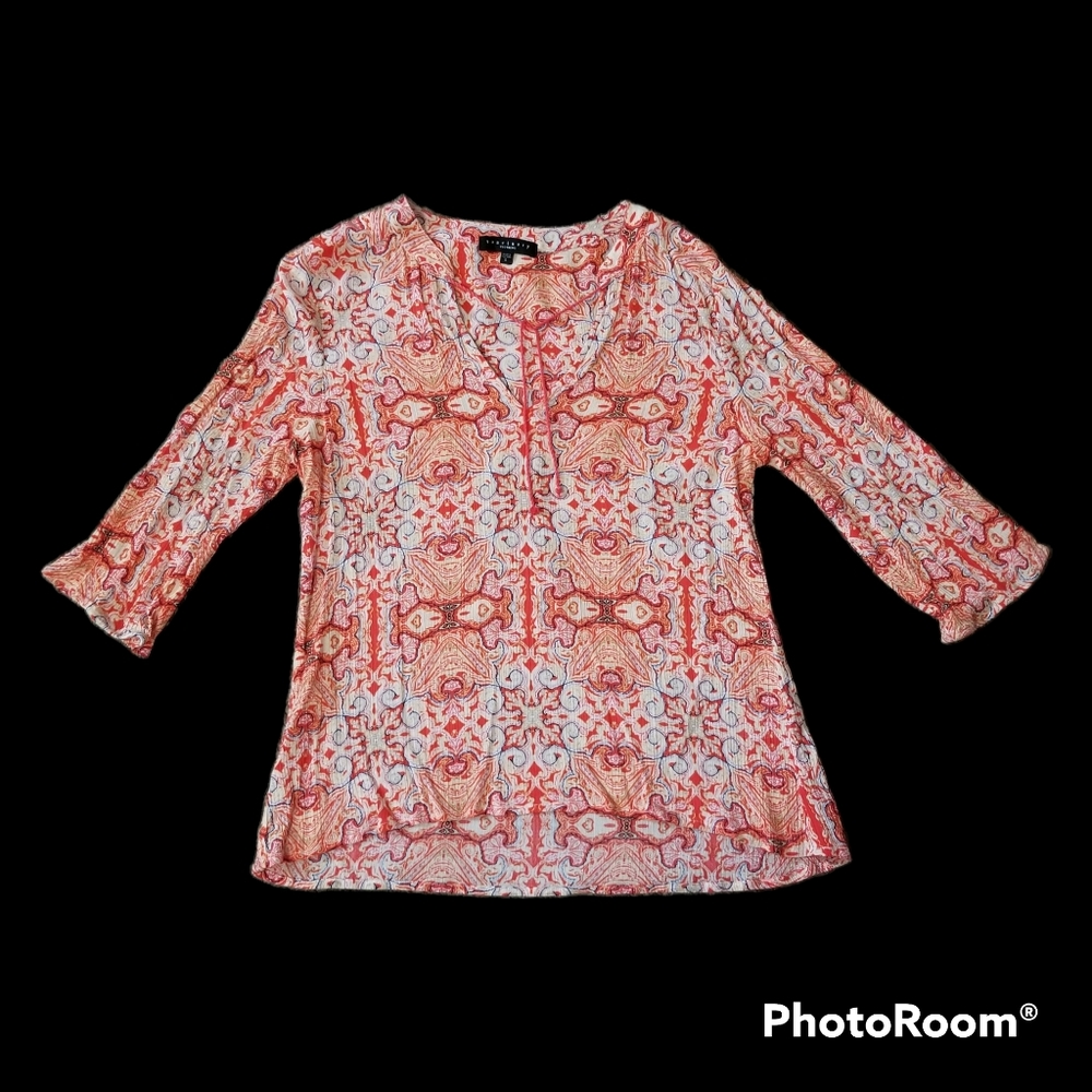 VTG Sanctuary Boho Crinckle Orange Print 3/4 Sleeve V-Neck Top. Women's Large